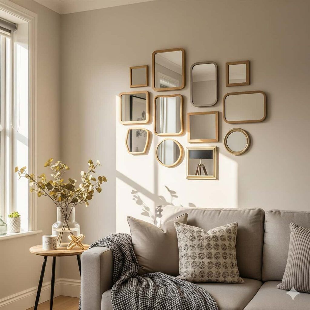 decorar una pared con espejos pequeños