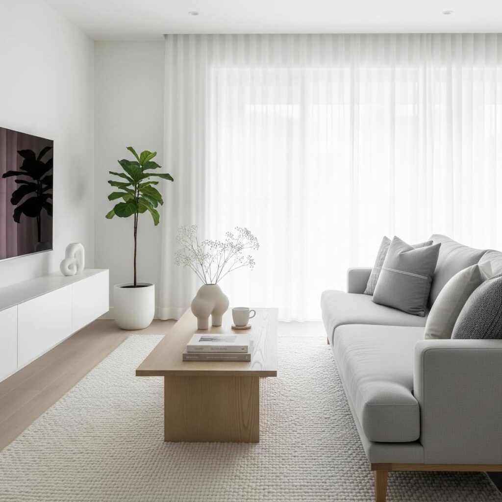 salón minimalista blanco y gris