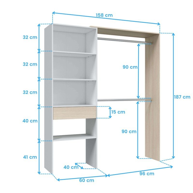 vestidor 2 barras 1 cajon color roble y blanco 187x158x40cm (3)
